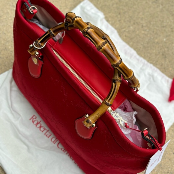 Roberta di Camerino Red Tote with Bamboo Handles Monogram Design - Picture 11 of 16
